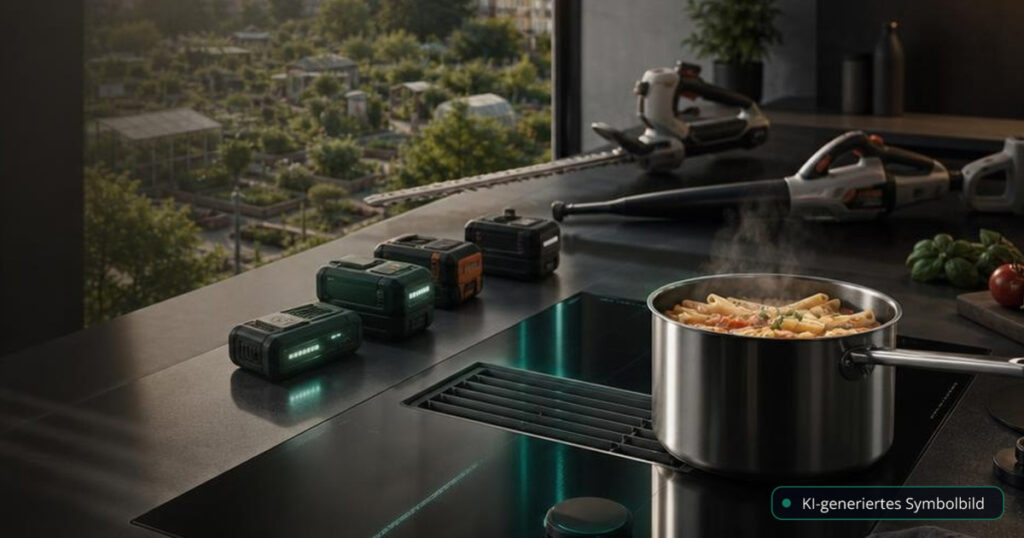 ZuhauseCheck KW 37: AEG OnePot Pasta kostet 3.588 Euro, STIHL hält Akkus kompatibel – und Kleingärten kühlen Städte – Editorialmotiv ohne Text – KI-generiertes Symbolbild