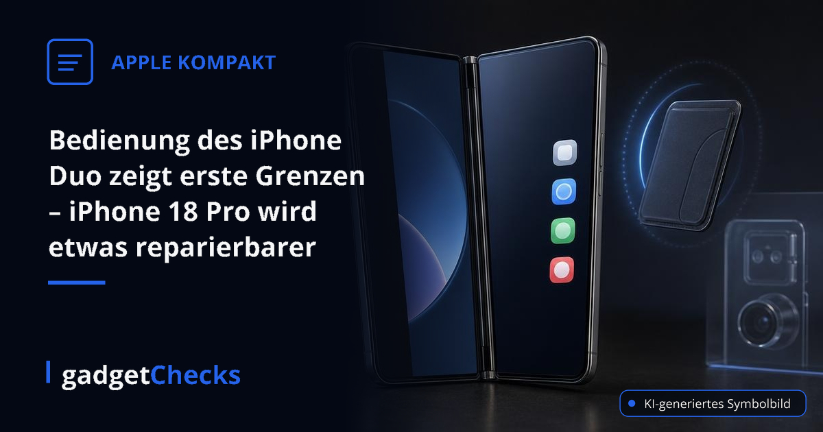 Bedienung des iPhone Duo zeigt erste Grenzen – iPhone 18 Pro wird etwas reparierbarer – KI-generiertes Symbolbild