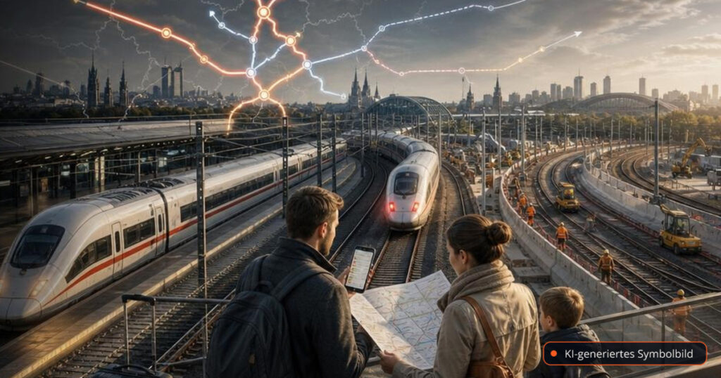 DB-Fahrplan 2027: Tickets ab 14. Oktober – neue Sprinter, längere Baustellenfahrten – Editorialmotiv ohne Text – KI-generiertes Symbolbild