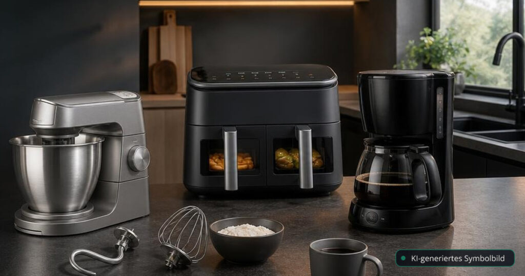 Kenwood KVL85.224SI, Cosori-Airfryer und Philips-Kaffeemaschine reduziert – Editorialmotiv ohne Text – KI-generiertes Symbolbild